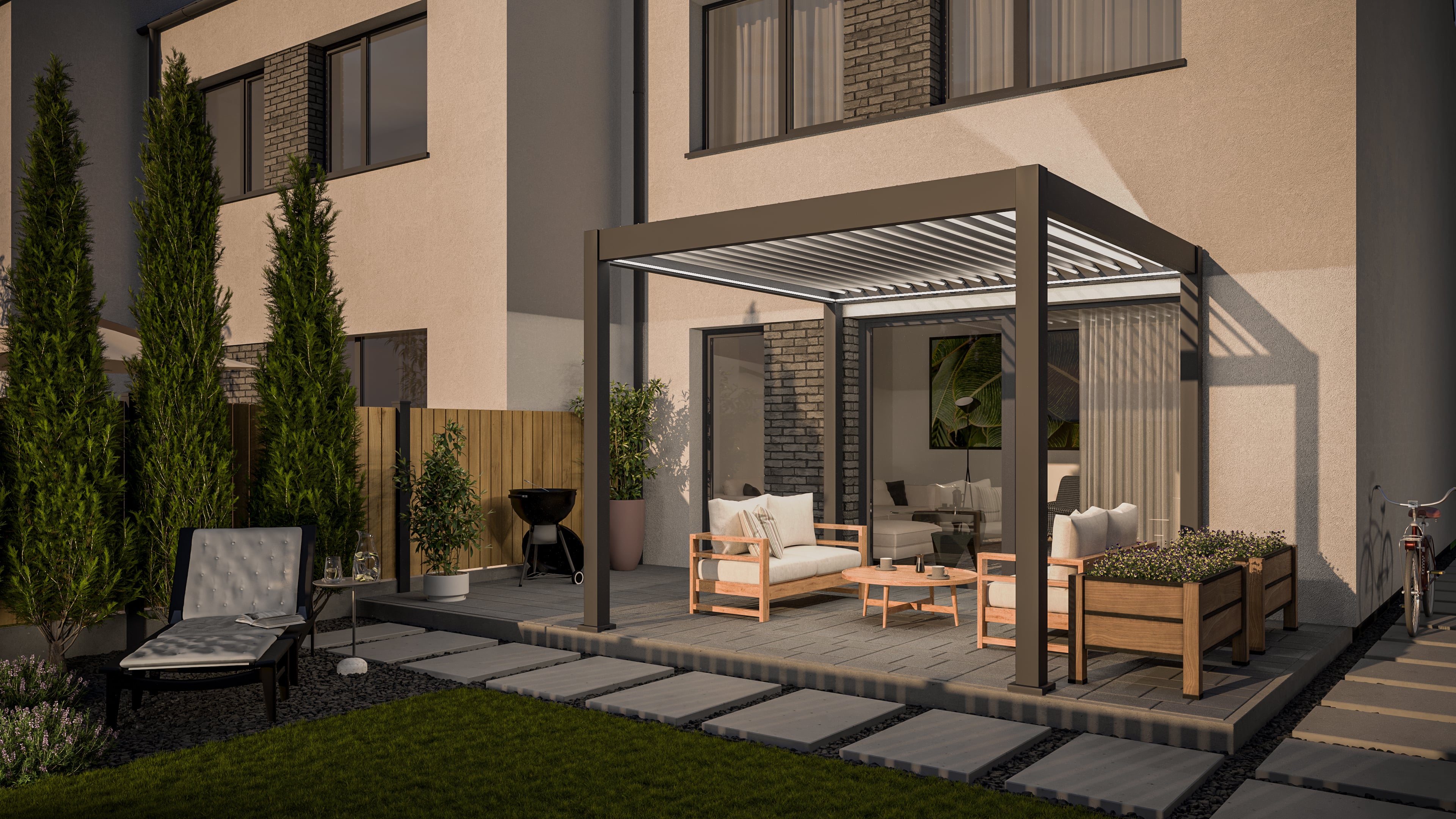Bioklimatyczna pergola z ruchomymi lamelami ELEGANCE AUTOMATIC 3x3 AnthraciteLight Grey - Gutroof w aranżacji wieczornej
