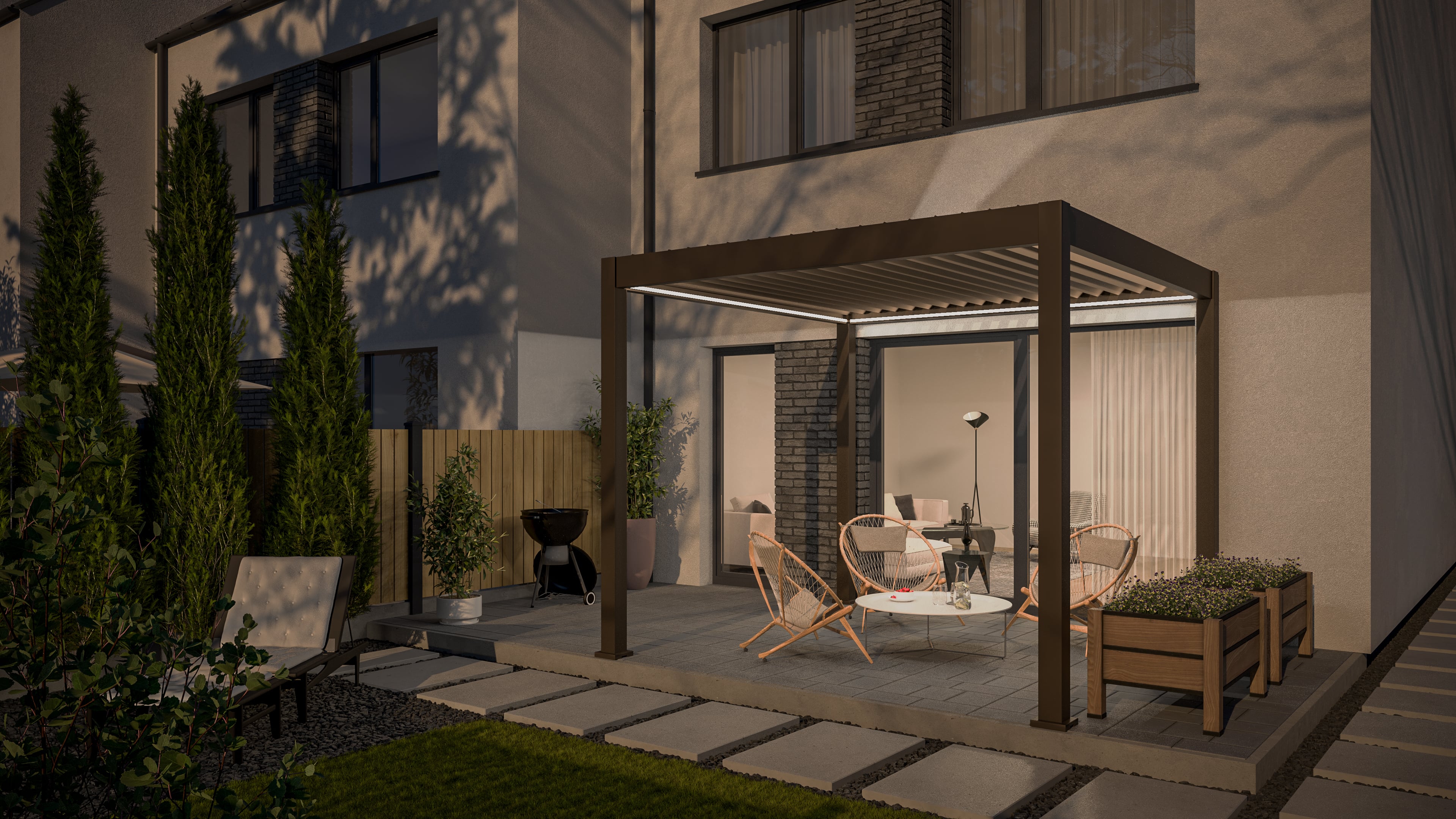 Bioklimatyczna pergola z ruchomymi lamelami ELEGANCE AUTOMATIC 3x3 Taupe - Gutroof w aranżacji wieczorowej