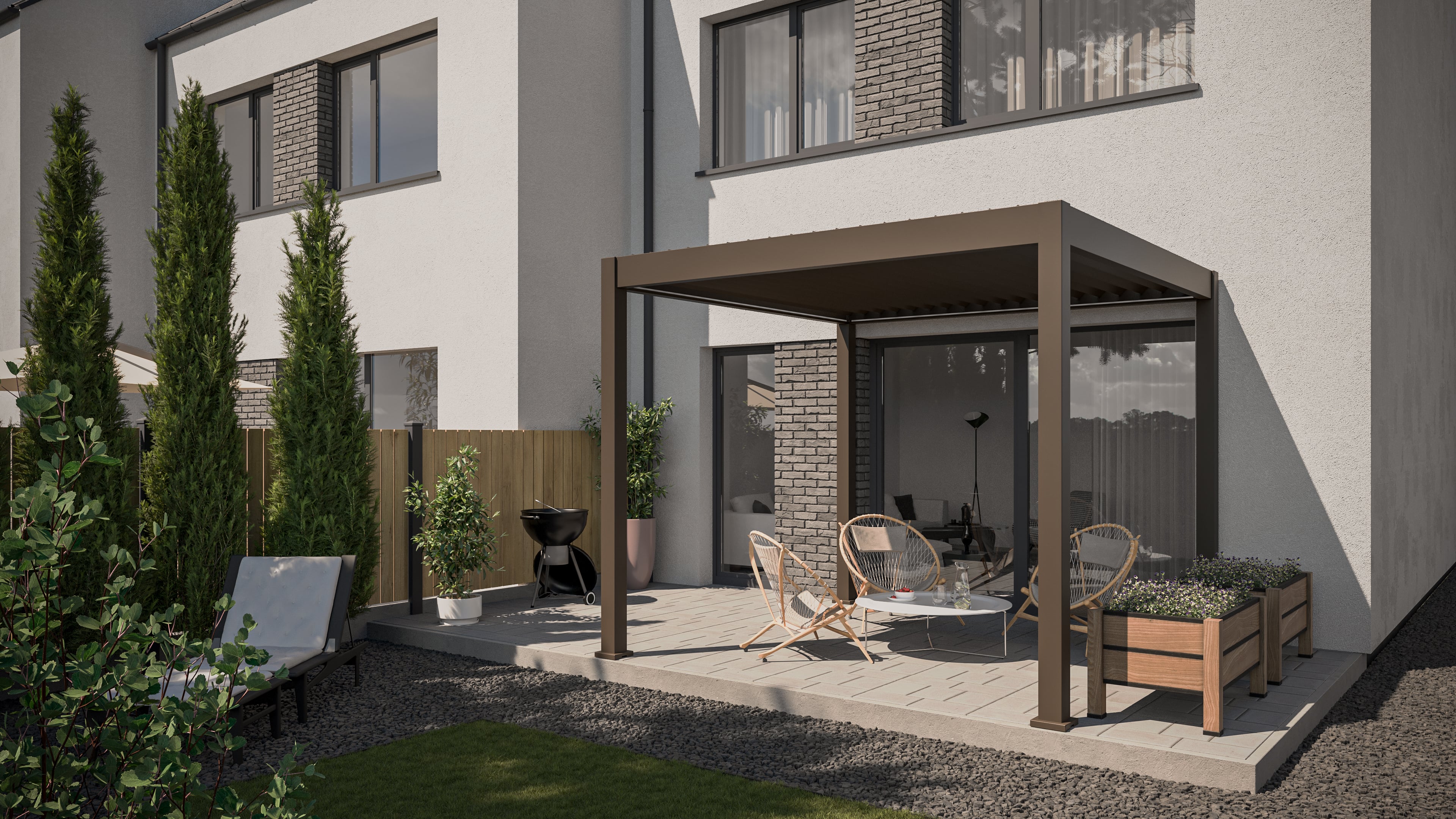 Bioklimatyczna pergola z ruchomymi lamelami ELEGANCE AUTOMATIC 3x3 Taupe - Gutroof w świetle dziennym