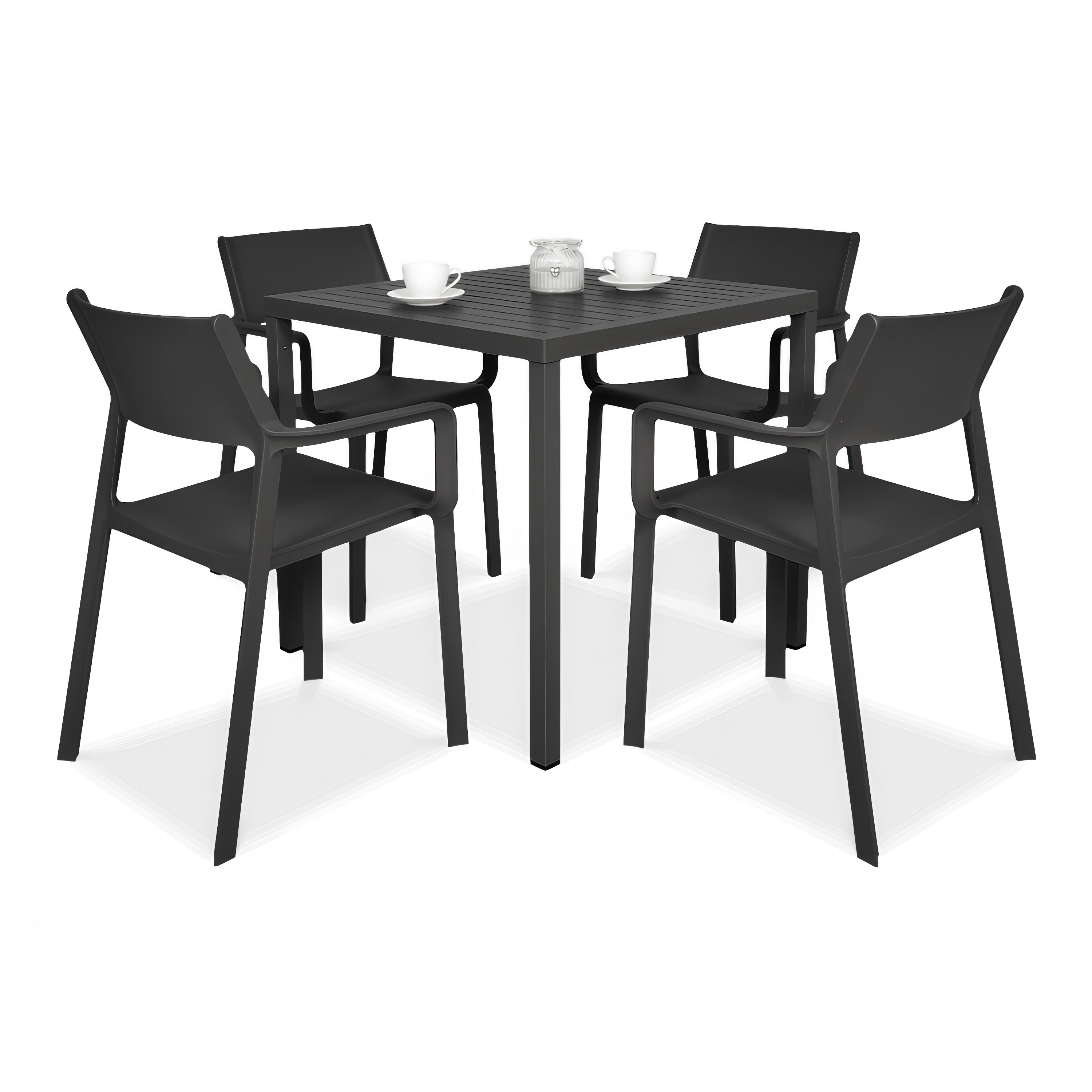 zestaw kawowy na balkon z czterema krzesłami i stolikiem