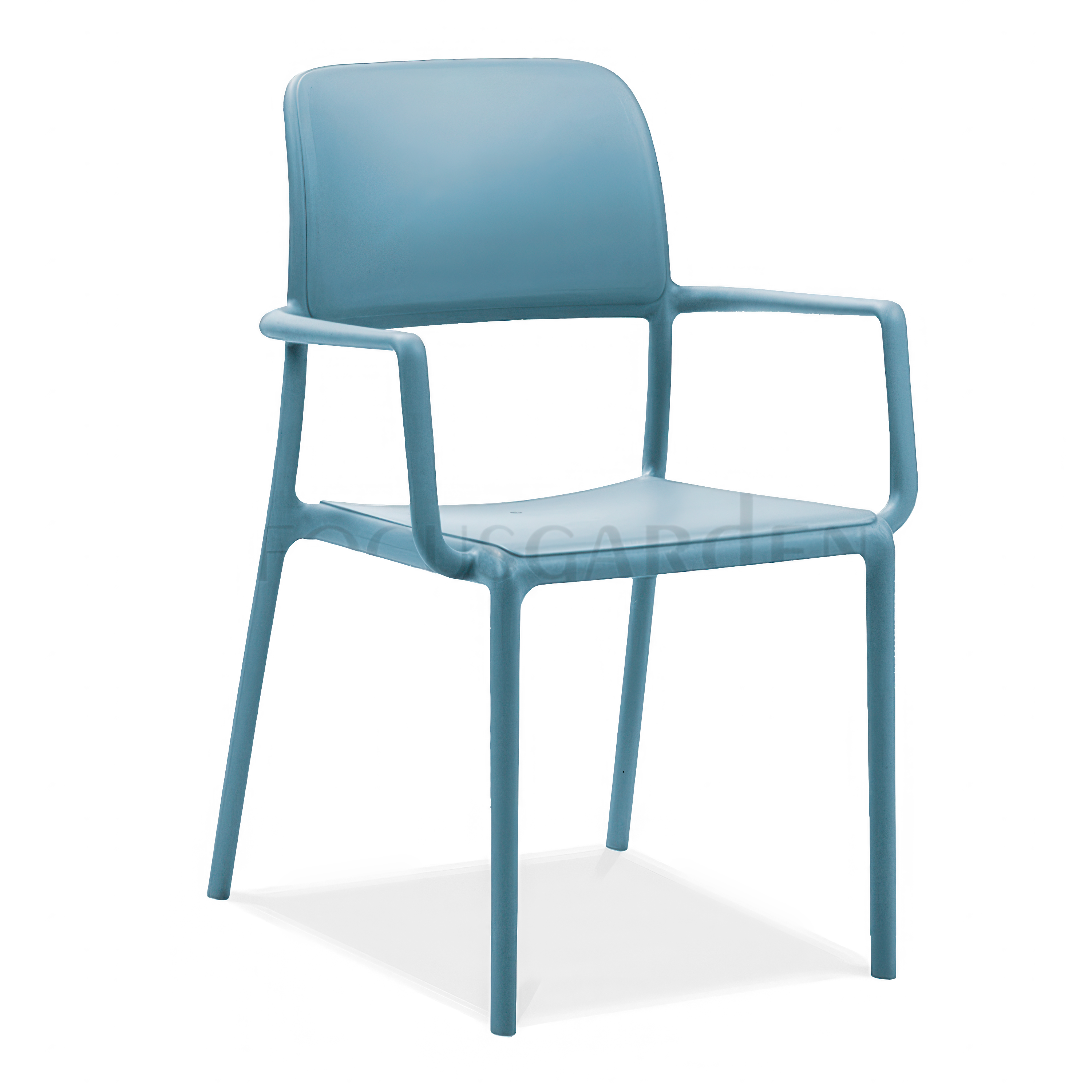 niebieskie krzesło ogrodowe z oparciem i podłokietnikami