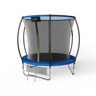 Niebieska trampolina z siatką ochronną drabinką i siateczką na obuwie