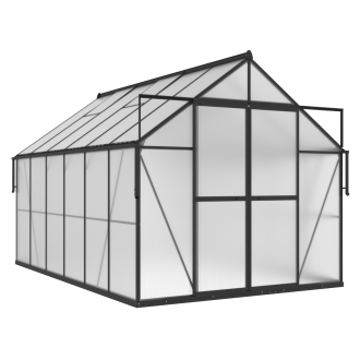 czarna szklarnia z poliwęglanu na rozsady w aranżacji na tarasie