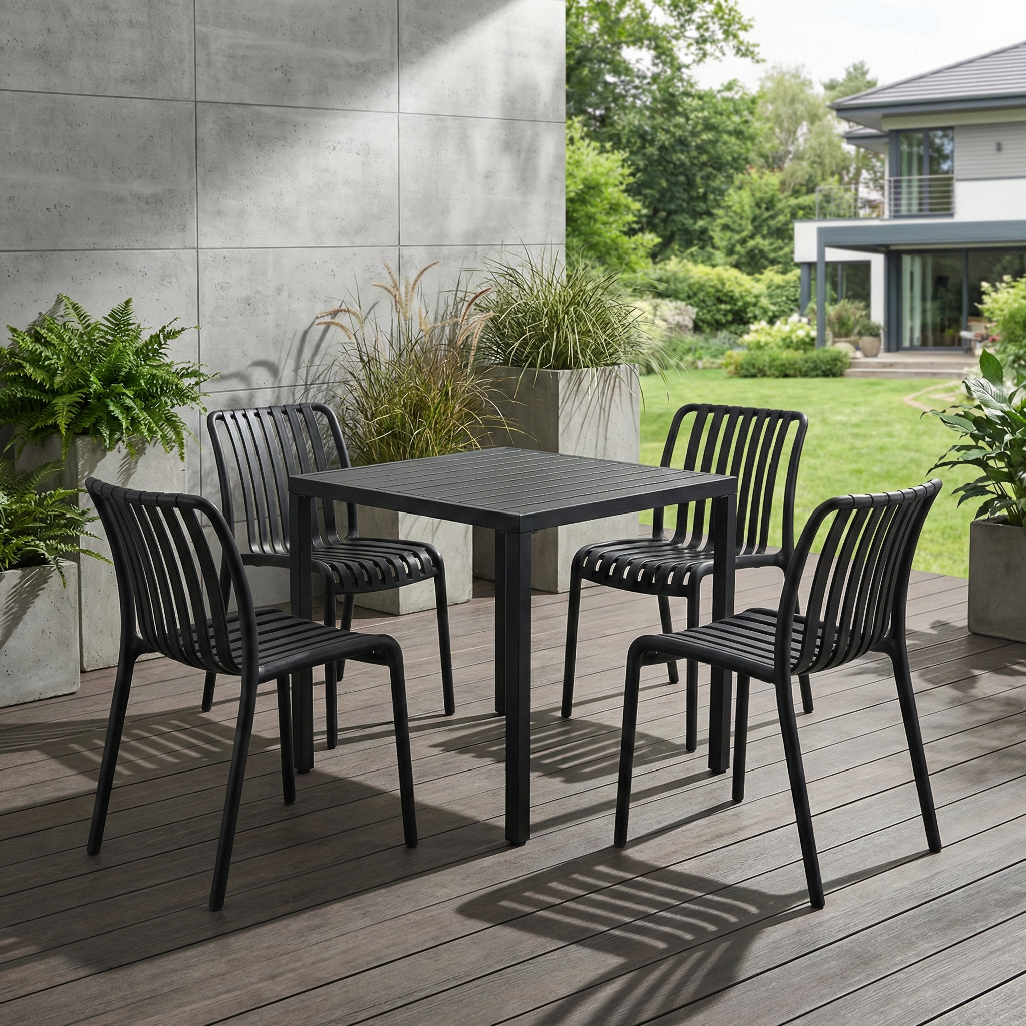 Czarny zestaw mebli ogrodowych na drewnianym tarasie w nowoczesnym ogrodzie