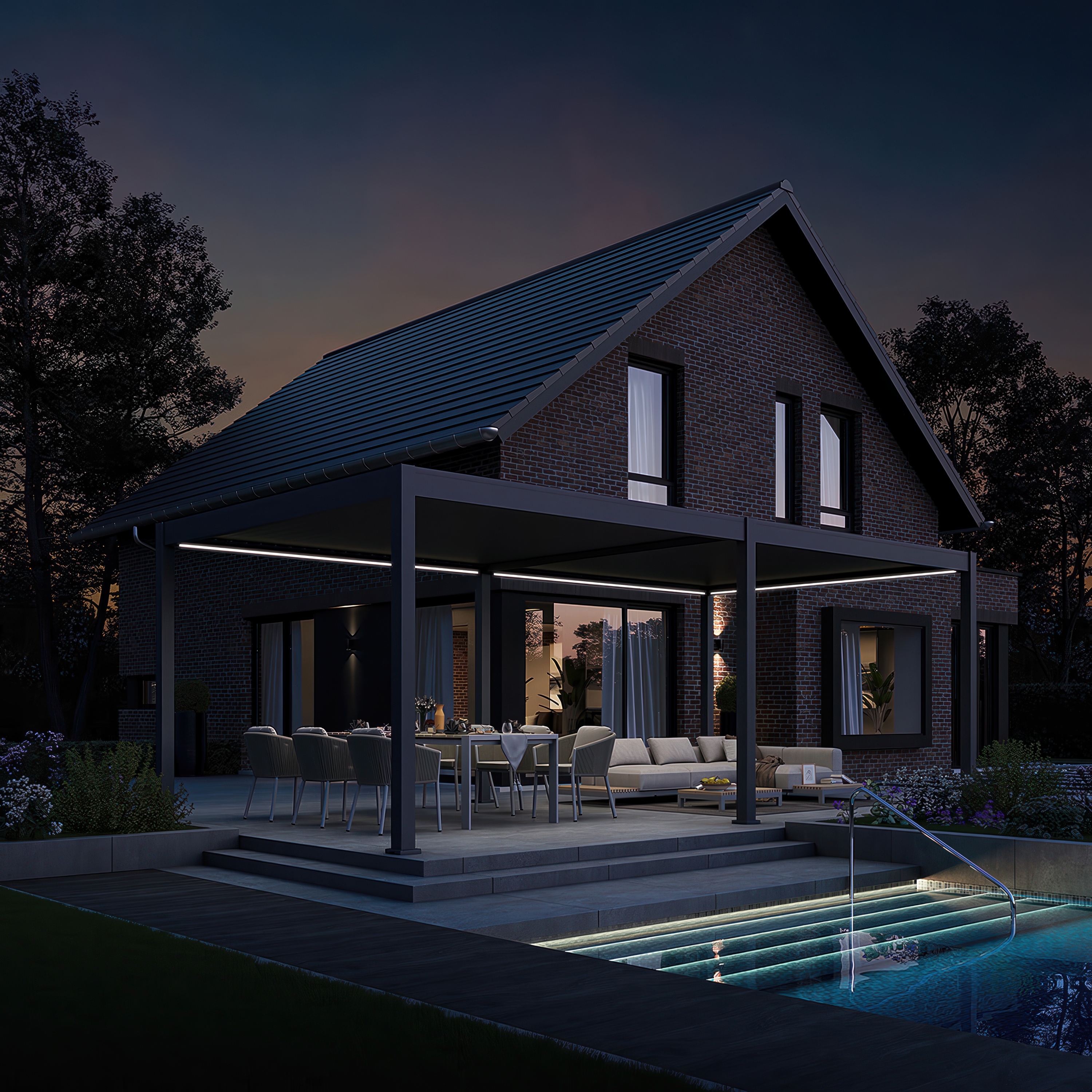 Pergola tarasowa LED 3,6x7,2 m Gutroof Deluxe Automatic w wieczornej scenerii