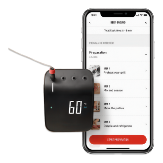 urządzenie do pomiaru temperatury jedzenia podczas temperatury oraz smartfon z aplikacją