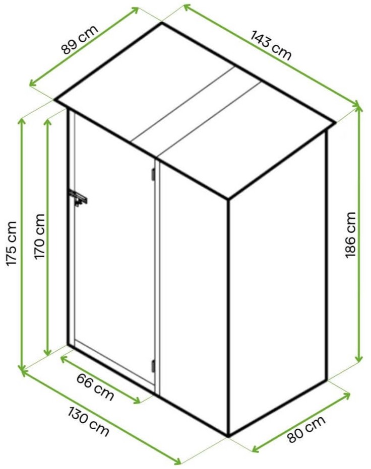 Wymiarowanie domku narzędziowego do ogródka Kent 143x89 Cold Grey Hardmaister