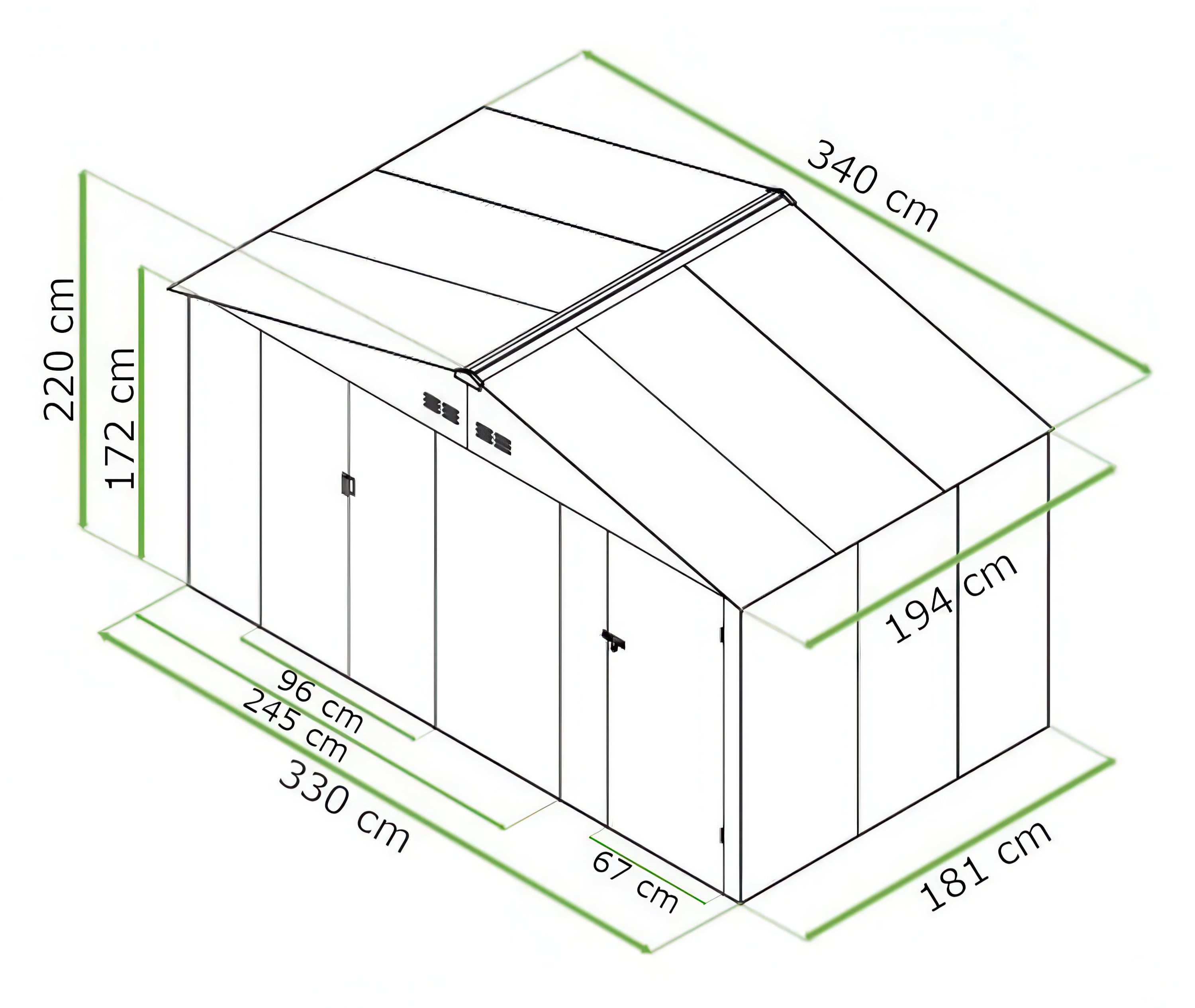 Rycina z wymiarami domku narzędziowego FALCON 340x194cm - Hardmaister