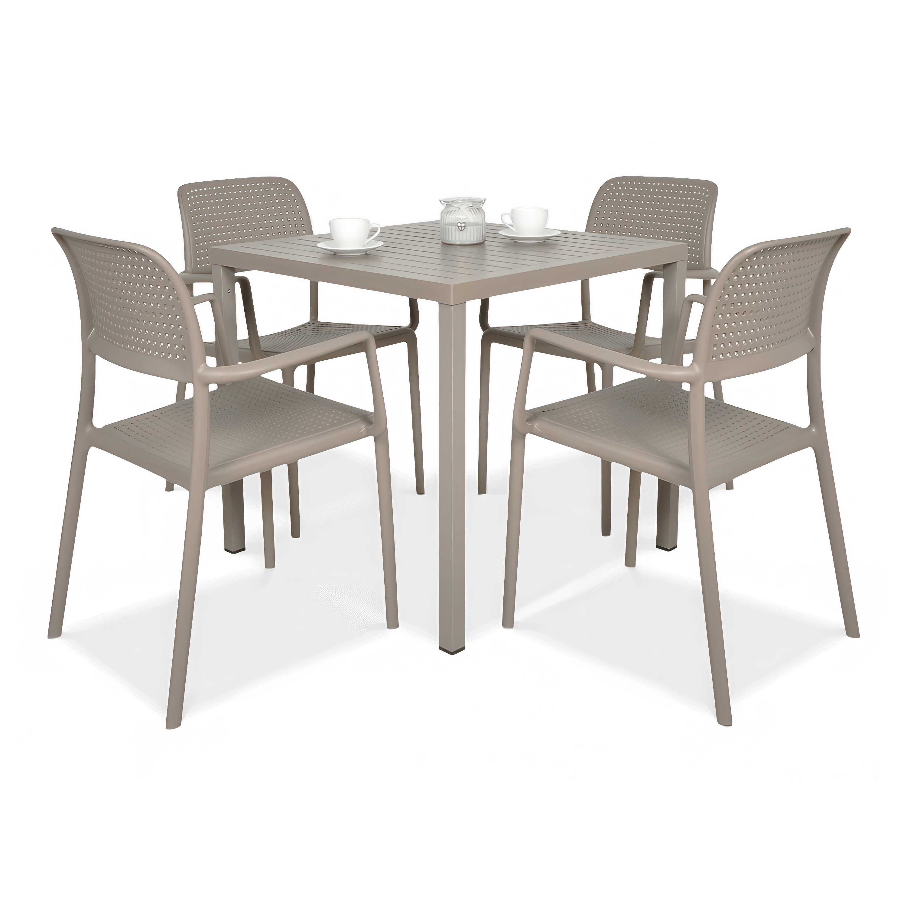 Meble jadalniane w kolorze brązowym. Cztery krzesła i kwadratowy stolik