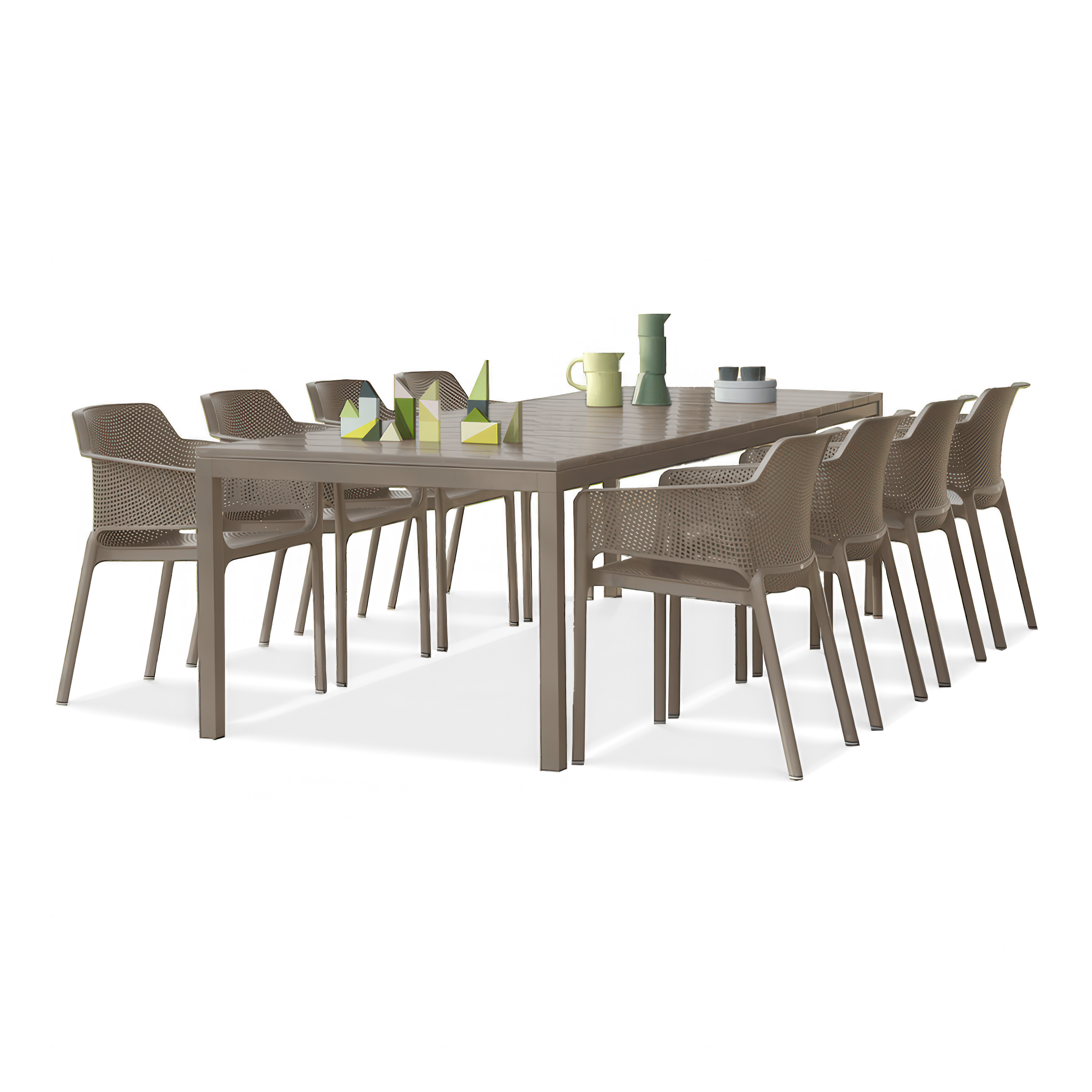 beżowy zestaw do ogrodu z krzesłami i długim stołem