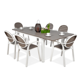 zestaw jadalniany do ogrodu z sześcioma krzesłami i stołem w kolorze biało brązowym