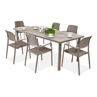 brązowy zestaw mebli jadalnianych z sześcioma krzesłami i stołem ogrodowym