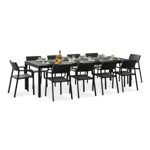 zestaw mebli jadalnianych na taras z dziesięcioma krzesłami i długim stole w kolorze czarnym