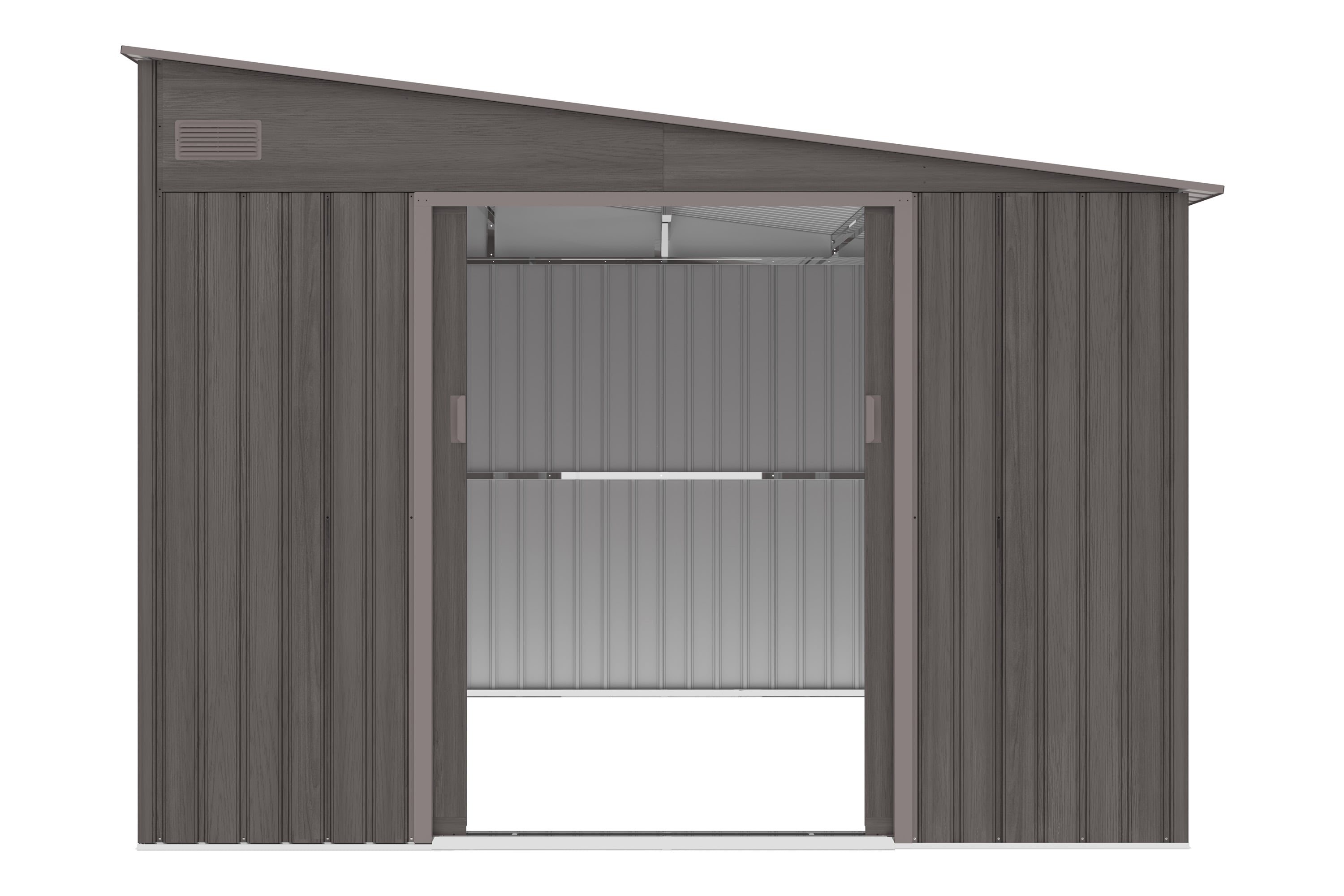 Widok na prz&oacute;d i wnętrze domku ogrodowego Jasper 279x321cm Light Wood z spadkiem dachu na prawą stronę