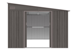 Widok na prz&oacute;d i wnętrze domku ogrodowego Jasper 279x321cm Light Wood z spadkiem dachu na prawą stronę
