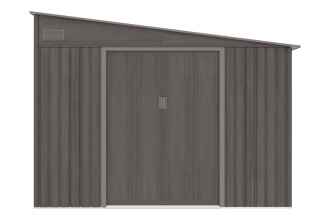 Widok na przednią ścianę i podw&oacute;jne drzwi domku ogrodowego JASPER 279x321cm Light Wood z spadkiem dachu na prawą stronę