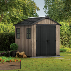 Domek narzędziowy Keter DECO APEX 757/775 w kolorze ASHWOOD z czarnymi drzwiami i oknami