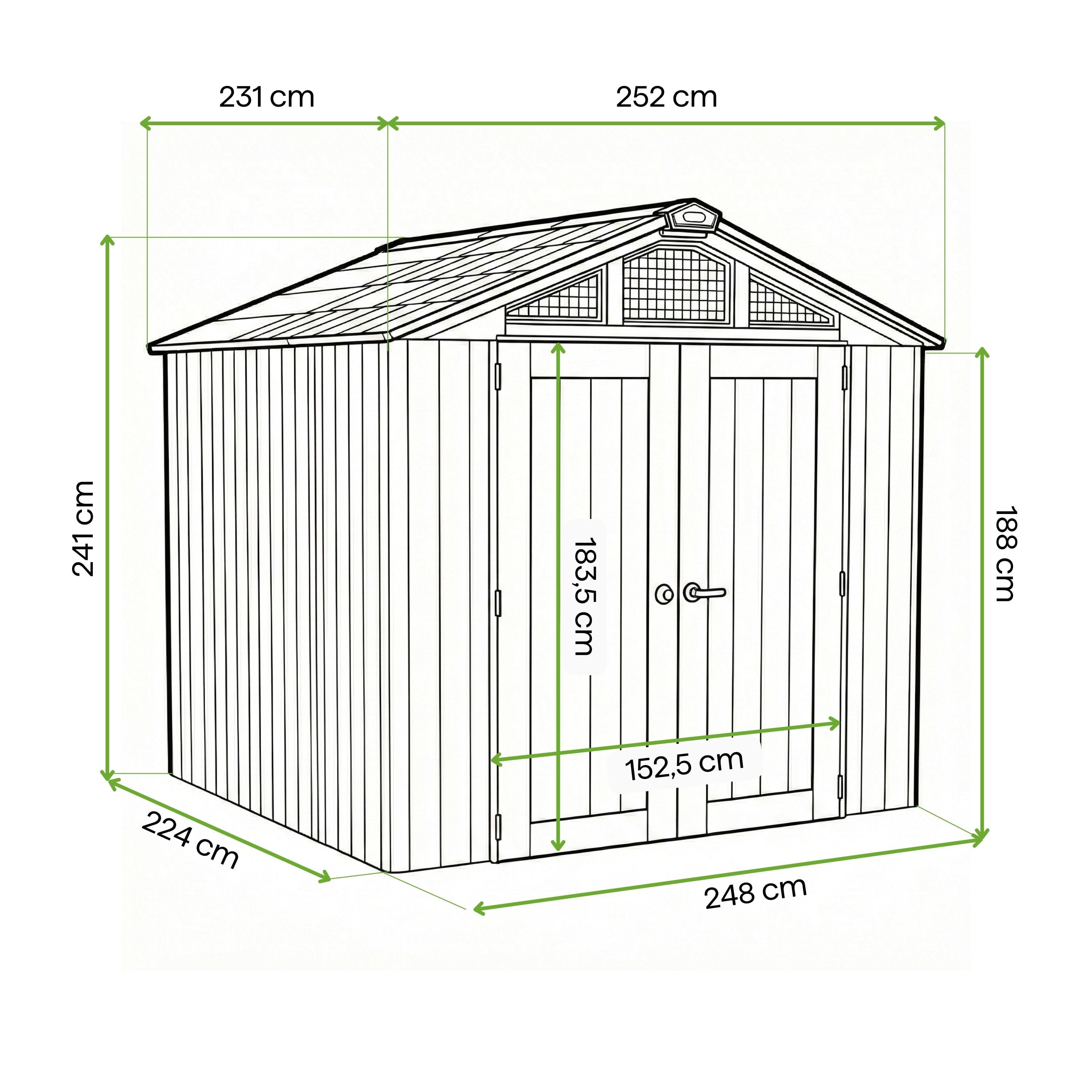 Domek na narzędzia Keter Stronghold 8x8 szary z wymiarami i detalami konstrukcji