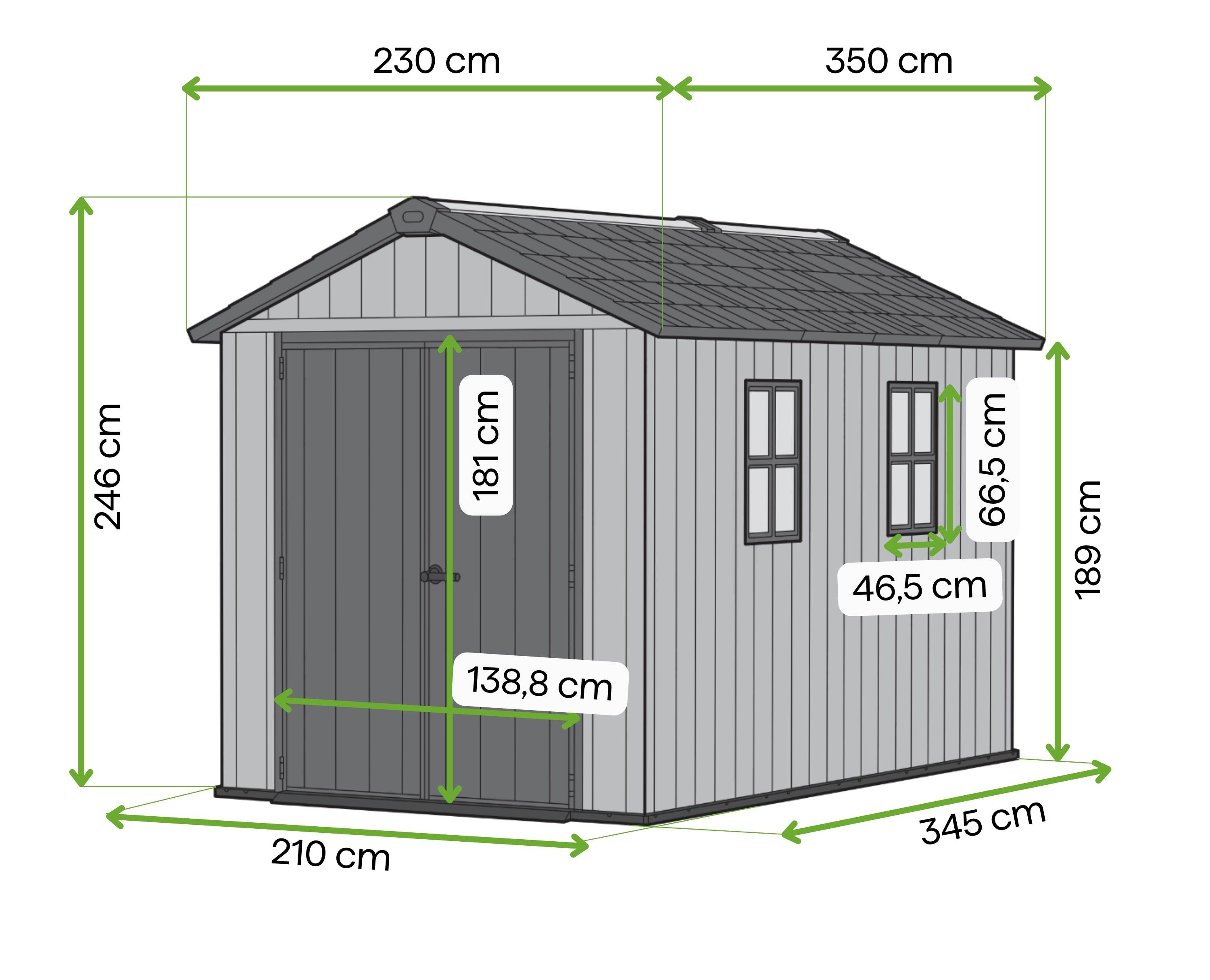 Domek narzędziowy Keter DECO APEX 7511/1175 Ashwood z wymiarami przedstawiony na rysunku technicznym