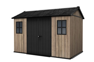 Domek narzędziowy Keter DECO APEX w kolorze Ashwood z czarnymi drzwiami i oknami