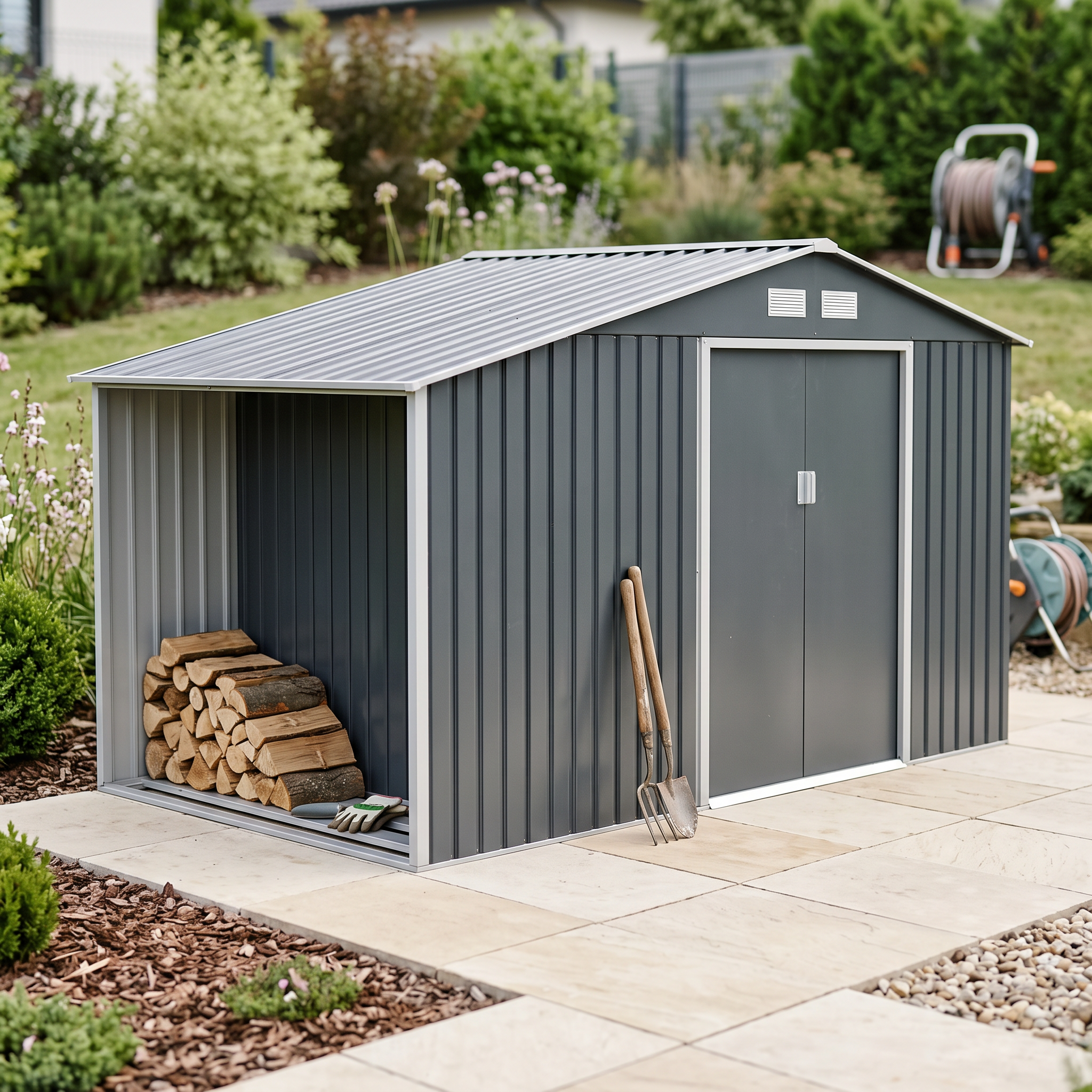 Domek narzędziowy drewutnia MADISON 342x191cm Cold Grey - HARDMAISTER — aranżacja