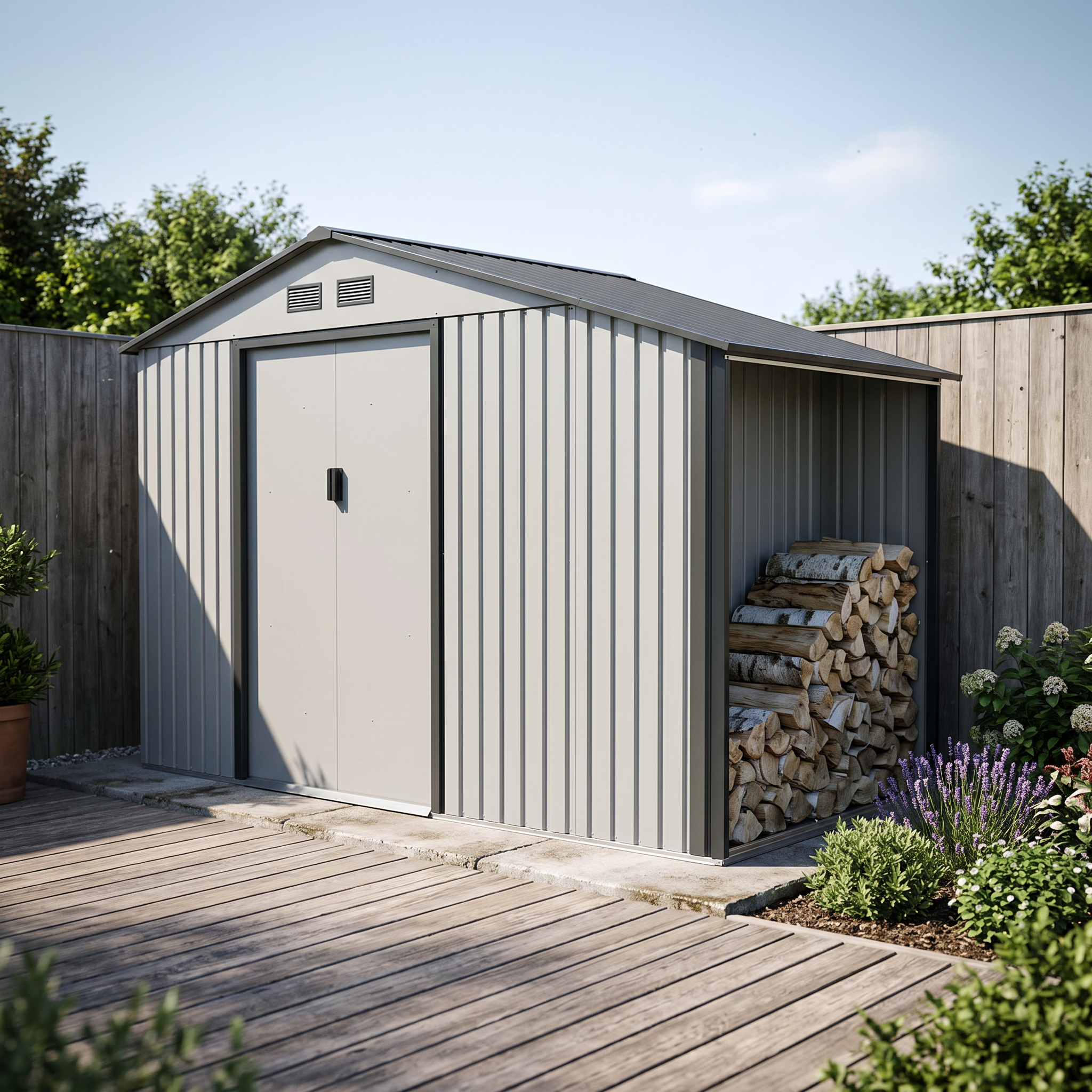 Domek narzędziowy drewutnia MADISON 342x191cm Light Grey - HARDMAISTER — aranżacja