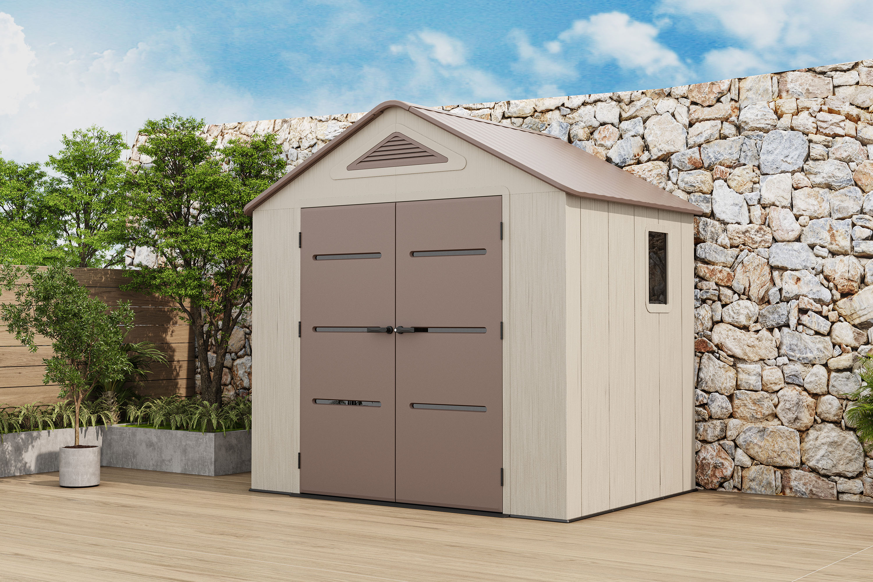 Domek ogrodowy EVEREST 8x6 Brown HARDMAISTER w aranżacji ogrodowej