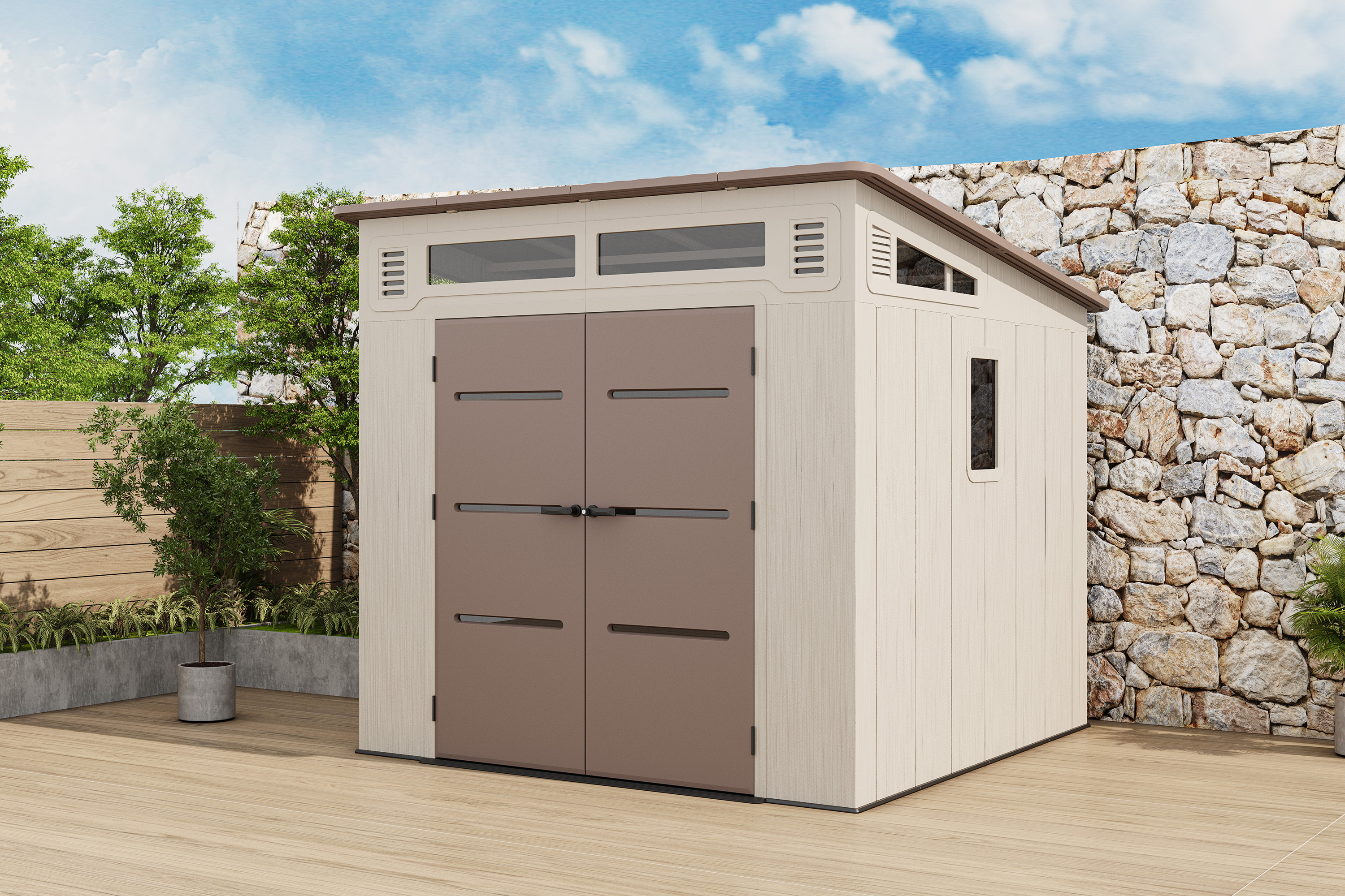 Domek narzędziowy CHESTER 8x8 Brown - HARDMAISTER w aranżacji ogrodowej
