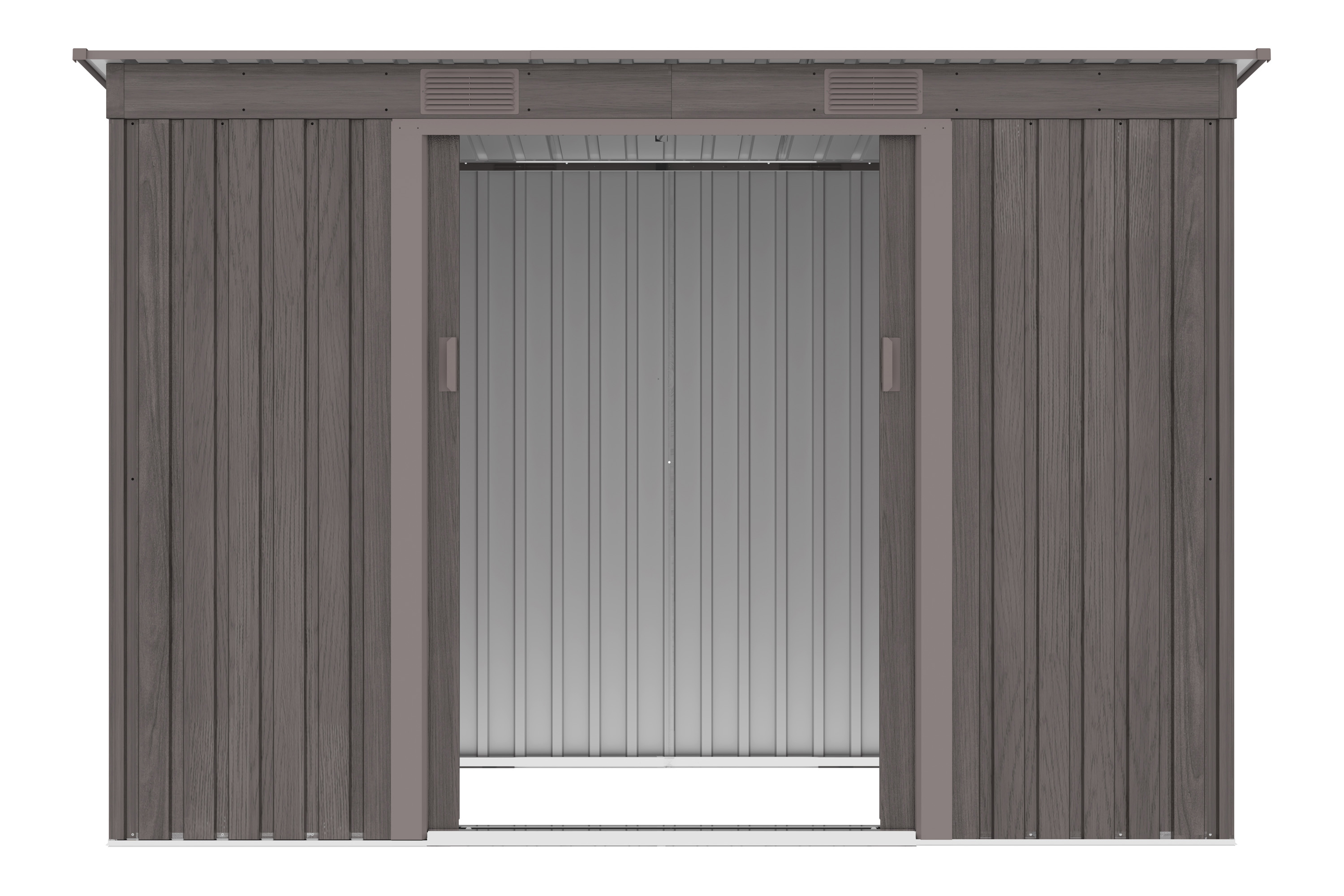 Widok na wnętrze domku narzędziowego OREGON 261x121cm Light Wood przez otwarte drzwi