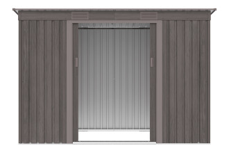 Widok na wnętrze domku narzędziowego OREGON 261x121cm Light Wood przez otwarte drzwi