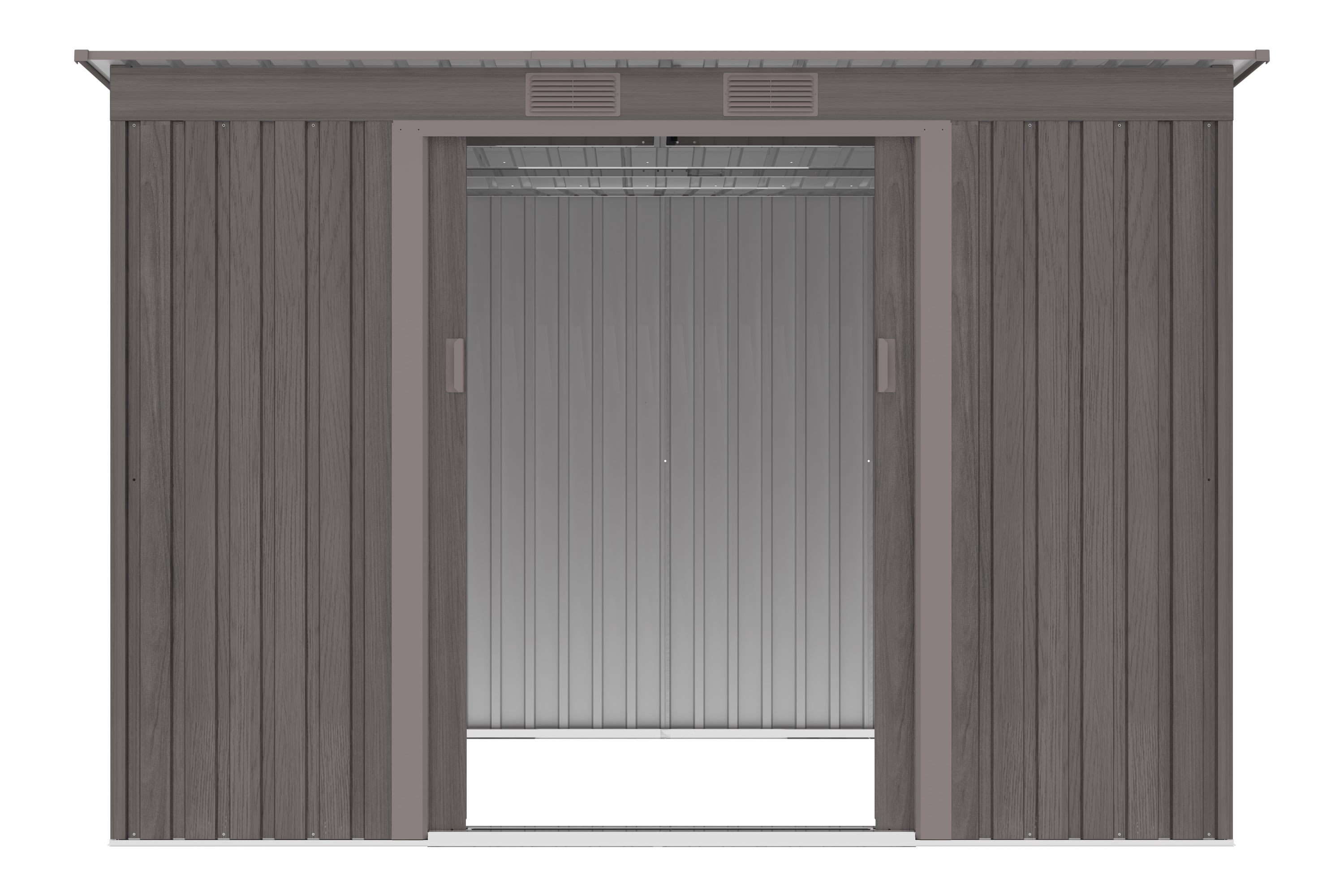 Widok na wnętrze domku narzędziowego OREGON 261x181cm Light Wood przez otwarte drzwi