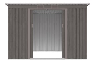 Widok na wnętrze domku narzędziowego OREGON 261x181cm Light Wood przez otwarte drzwi