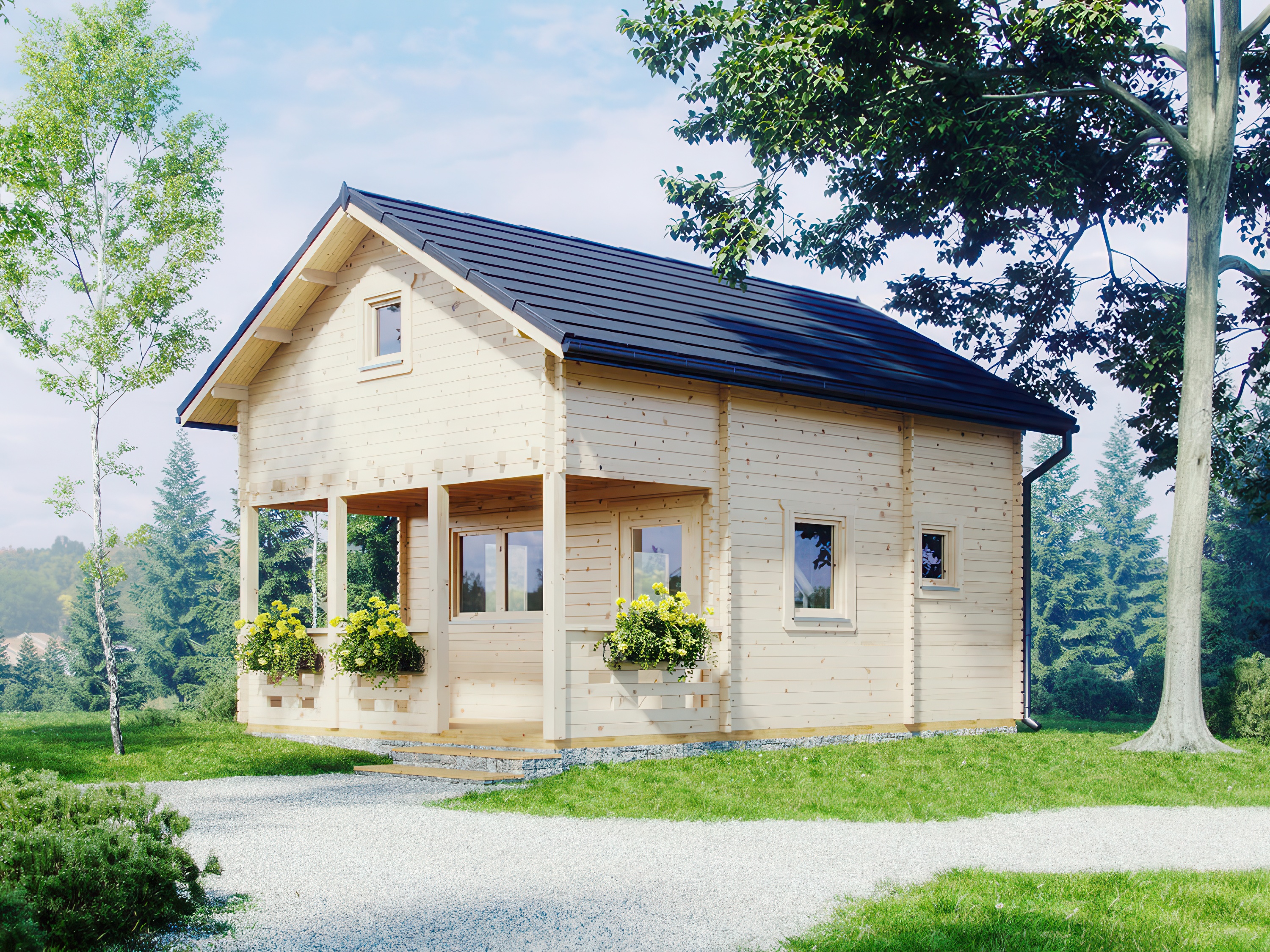 Piętrowy drewniany domek z tarasem i antresolą kiryd - Nordenwood 