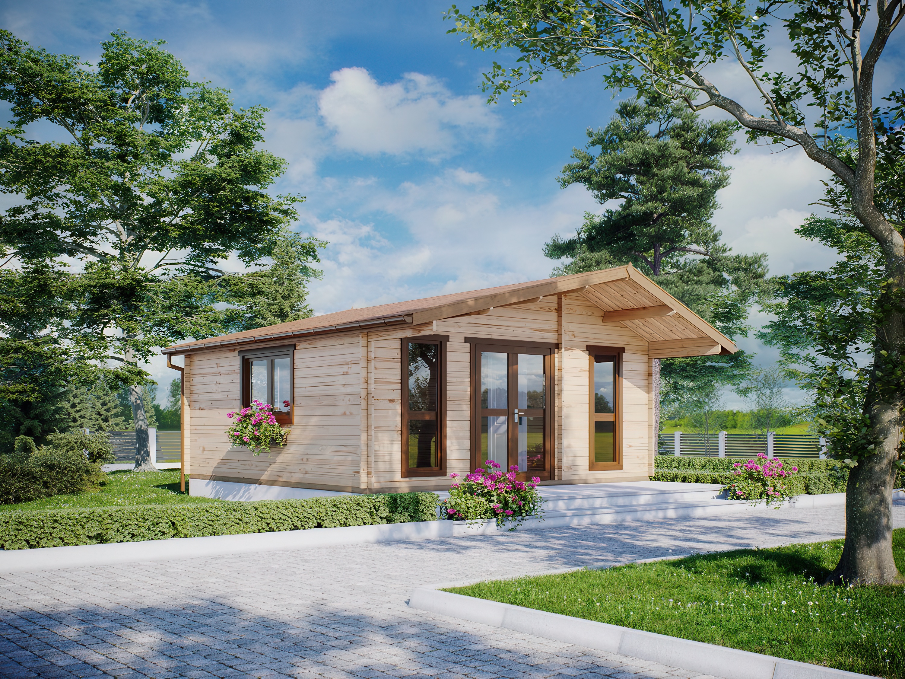 Domek letniskowy z antresolą chewa z brązowymi ościeżnicami okien