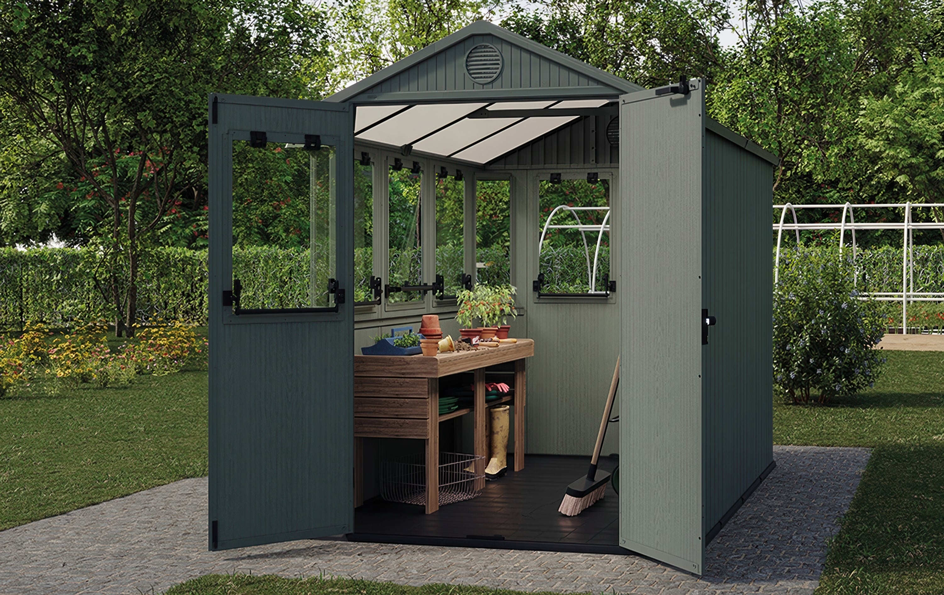 Domek narzędziowy dwa w jednym potting shed z otwartymi drzwiami 