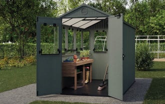 Domek narzędziowy dwa w jednym potting shed z otwartymi drzwiami 