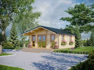 aranżacja drewnianego domku bolig z brązowymi ościeżnicami okien