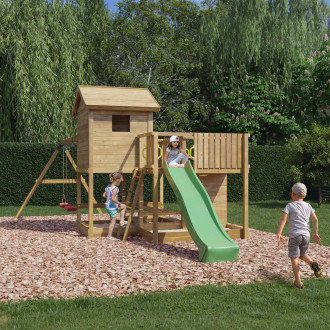 Drewniany domek dla dzieci ze zjeżdżalnią i huśtawkami PLUTO - Fungoo