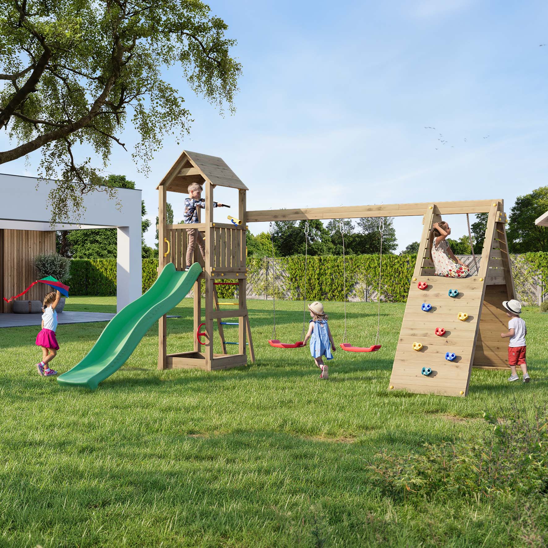 Drewniany plac zabaw z zieloną zjeżdżalnią huśtawkami i ścianką wspinaczkową w ogrodzie aranżacja dzieci bawią się na konstrukcji
