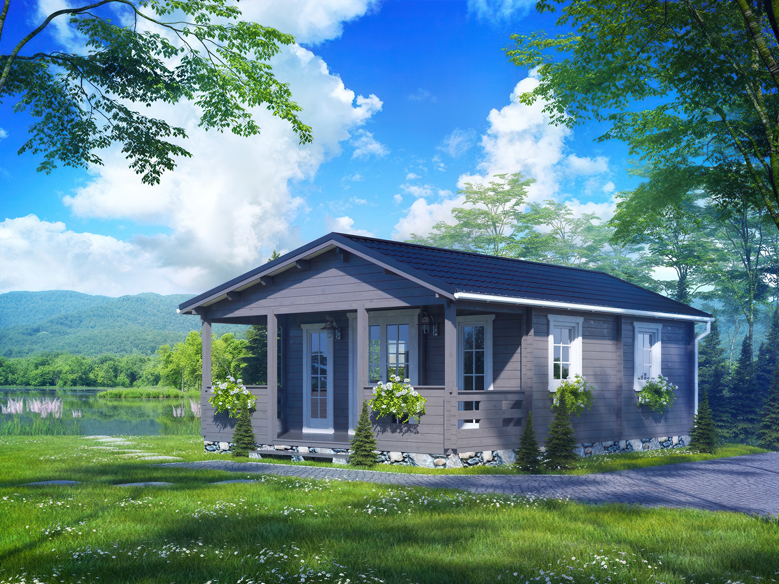 Aranżacja w lesie drewnianego domku z tarasem piryd