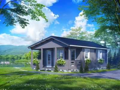 Aranżacja w lesie drewnianego domku z tarasem piryd