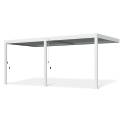 Widok pod kątem białej pergoli tarasowej Elegance Wall 3x6 marki Gutroof.