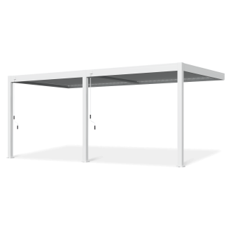 Widok pod kątem białej pergoli tarasowej Elegance Wall 3x6 marki Gutroof.