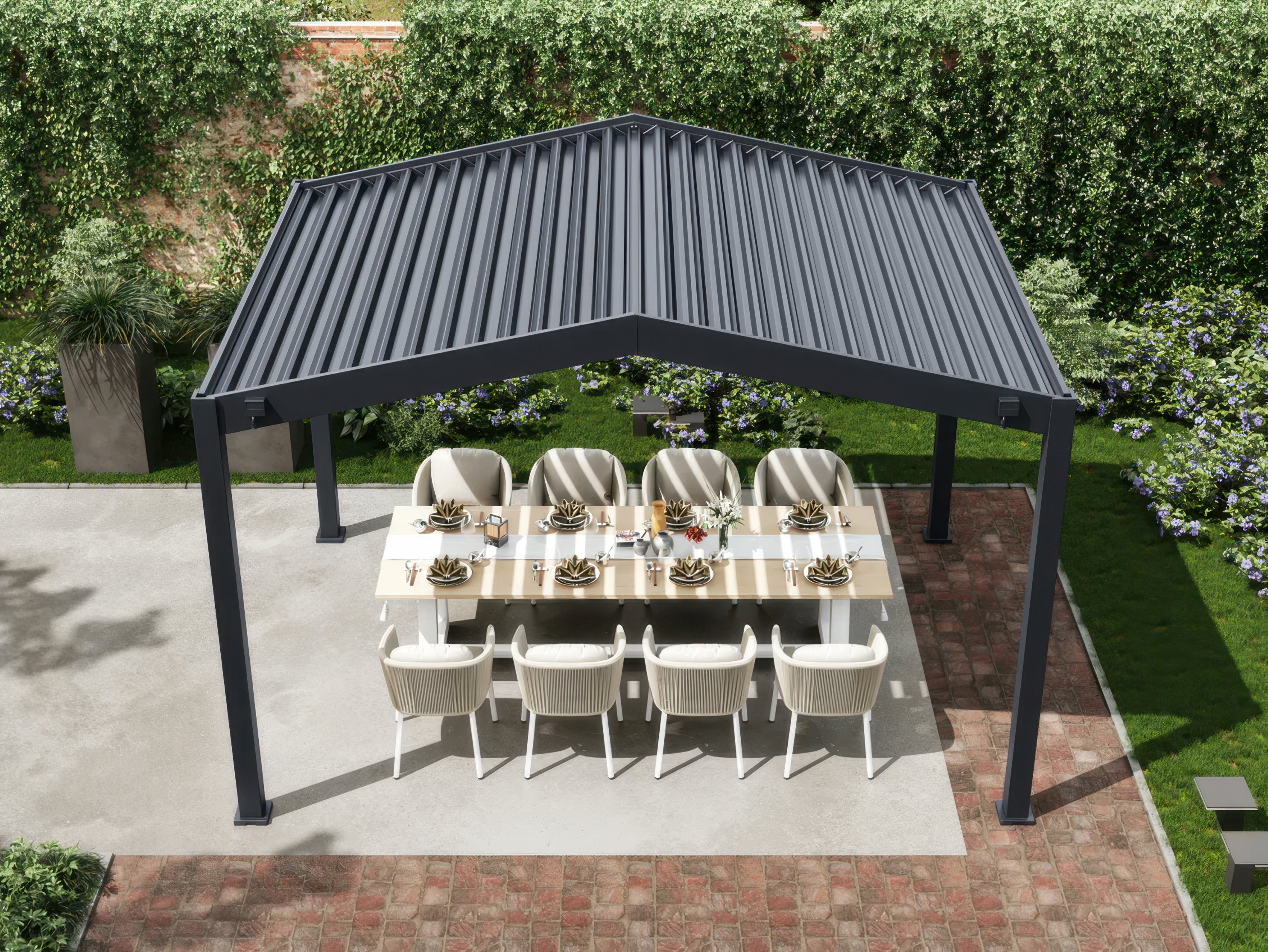 Elegantn&aacute; pergola ako zastre&scaron;enie jed&aacute;lenskej časti vonku