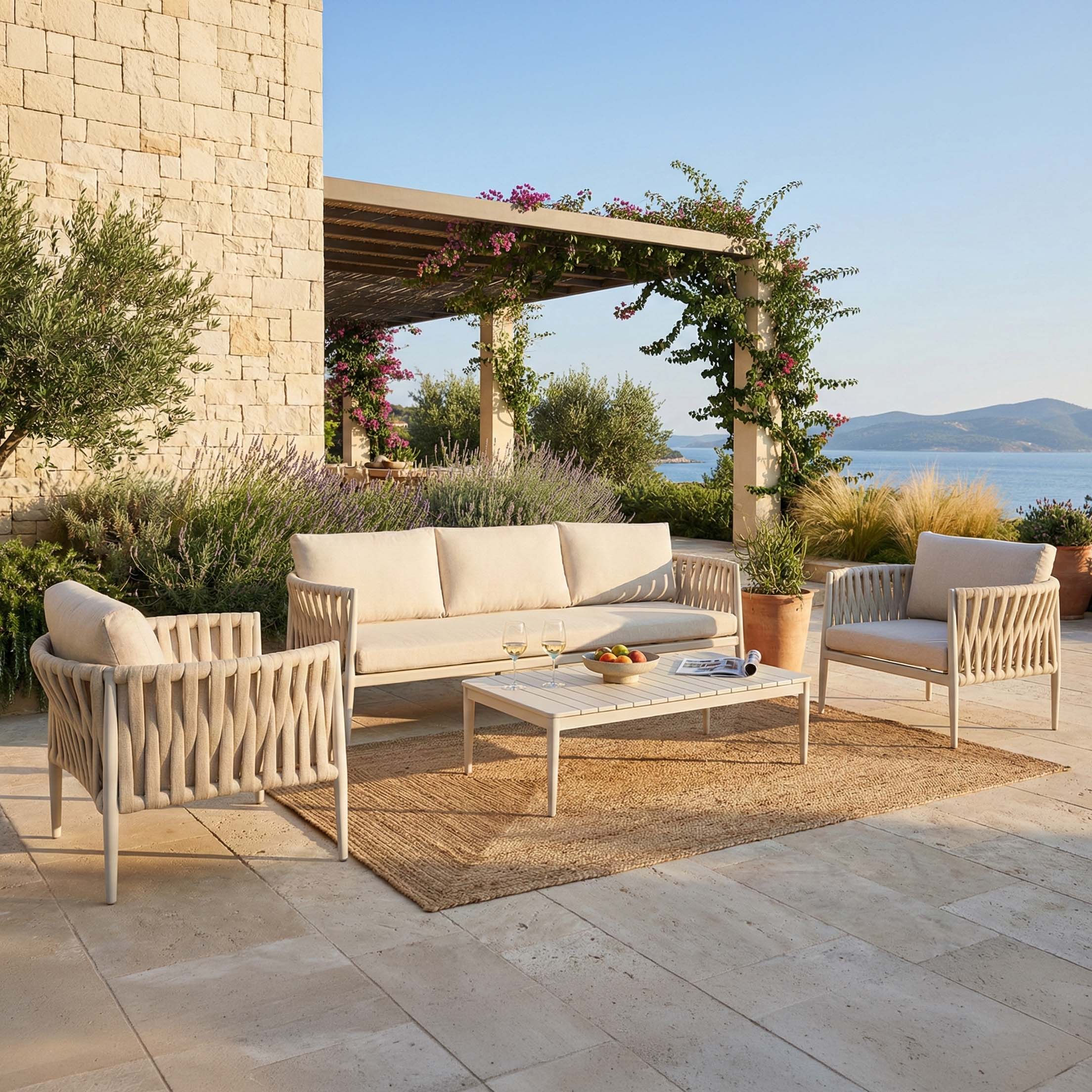 Elegancki zestaw mebli wypoczynkowych na tarasie z sofą fotelami i stolikiem kawowym w otoczeniu roślin z widokiem na morze