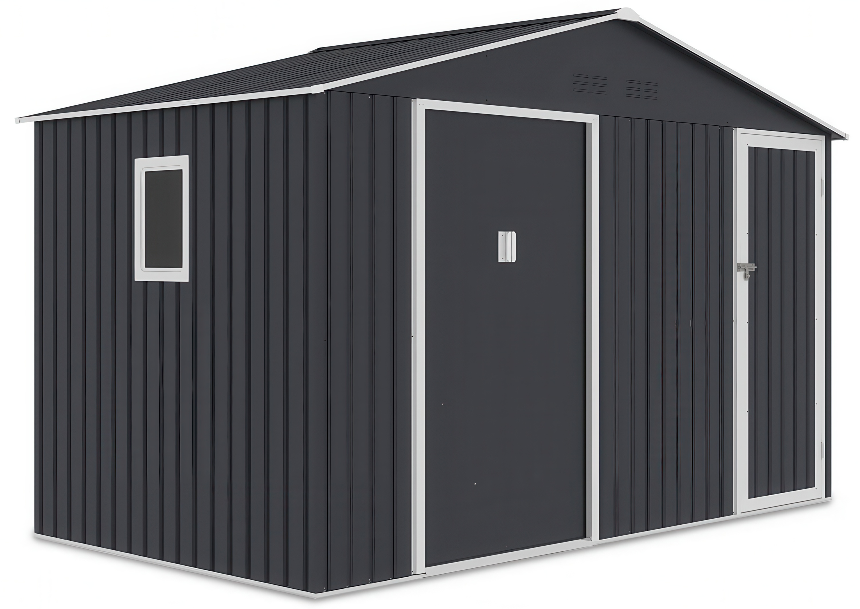 Przód domku ogrodowego FALCON w zimno-szarym kolorze z oknem i otworami wentylacyjnymi