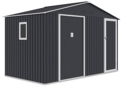 Przód domku ogrodowego FALCON w zimno-szarym kolorze z oknem i otworami wentylacyjnymi