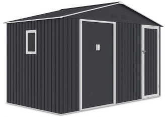 Przód domku ogrodowego FALCON w zimno-szarym kolorze z oknem i otworami wentylacyjnymi