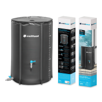 Czarny składany zbiornik na deszczówkę Cellfast 250 L z niebieskim kranikiem, obok kartonowych opakowań produktu.