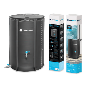 Czarny składany zbiornik na deszczówkę Cellfast 250 L z niebieskim kranikiem, obok kartonowych opakowań produktu.